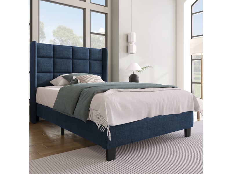  Lit simple 90x200cm, lit adulte, tête de lit et dossier rembourrés en lin bleu, sommier lattes bois (livré sans matelas)  - Conforama A