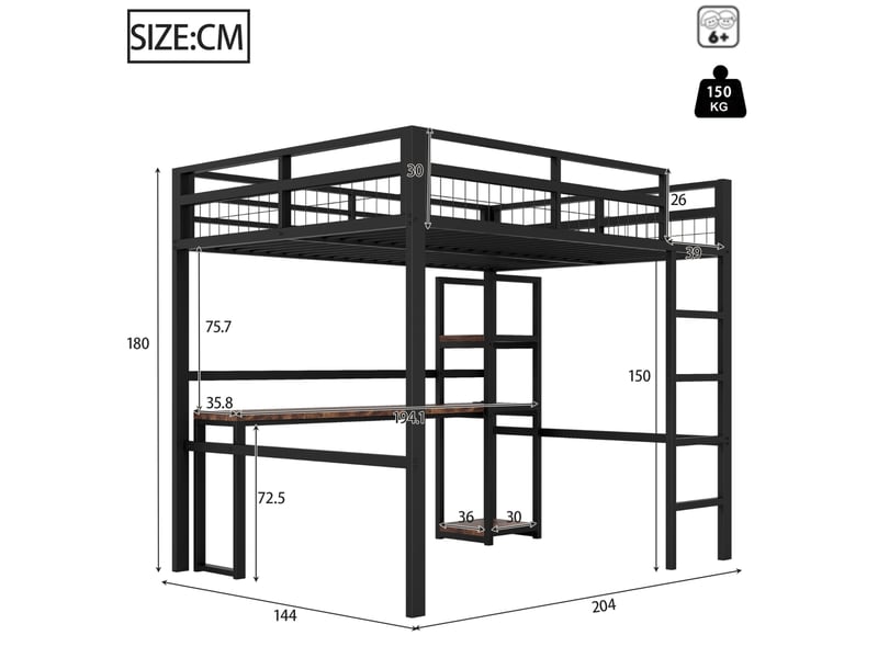 Lit mezzanine 140 x 200 cm avec bureau, étagères, prises usb et usb-c, noir - Conforama C