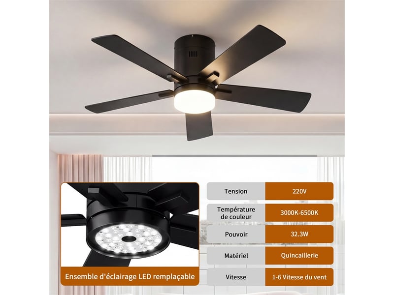 Ventilateur de plafond avec lampe led - 42 pouces - 5 pales moteur dc réversible silencieux télécommande - noir - Conforama D