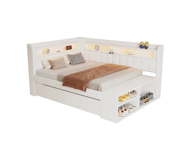  Canapé lit matelassé 90x200 cm avec port usb, bande led, rangement chaussures et 2 tiroirs, blanc  - Conforama A
