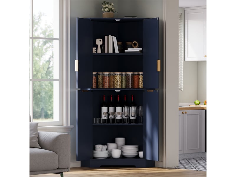 Armoire d'angle 4 portes bleu buffet haut cuisine avec étagères réglables meuble de rangement d'angle 60x60x172 cm - Conforama E