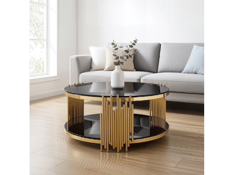  Table basse ronde – verre trempé noir et acier inoxydable doré – ø80 x h45 cm  - Conforama B