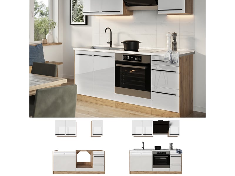 Vicco cuisine, blanc haute brillancechêne doré, 180cm plan de travail chêne doré - Conforama D