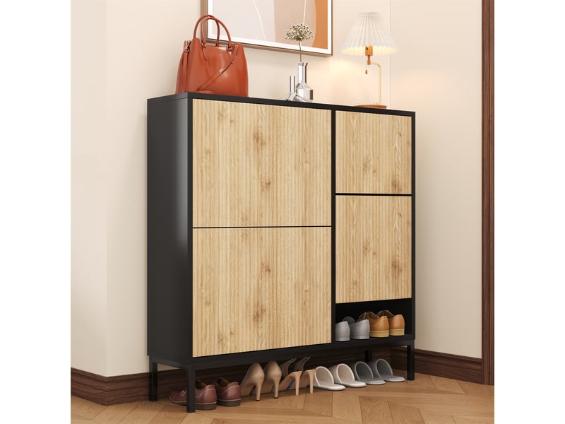  Meuble à chaussures 100x25x100 cm, capacité 16 paires, noir et bois, idéal pour entrée et couloir  - Conforama W
