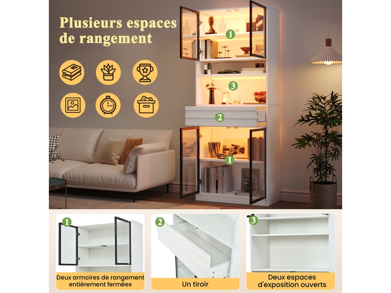  Vitrine avec 4 portes vitrées, d'un tiroir et d'un éclairage led rvb contrôlable via une application ,80 x 35 x 200 cm, blanc  - Conforama E