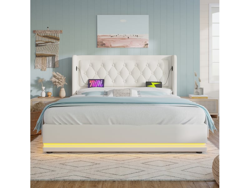  Lit double coffre hydraulique 180x200 cm avec led, usb et usb-c, pu blanc  - Conforama E