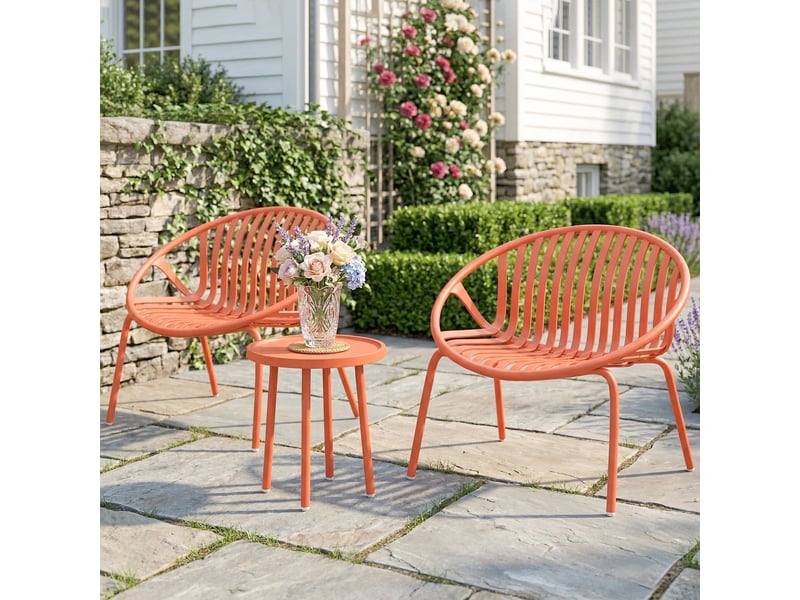  Salon de jardin ensemble bistro 3 pièces table basse à plateau concave acier et polypropylène 80x70x75cm rouge brique  - Conforama D