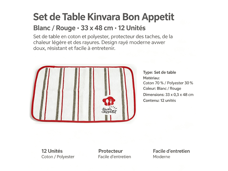  Set de table kinvara bon appetit blanc rouge 33 x 48 cm 12 unités S3625785 - Conforama E