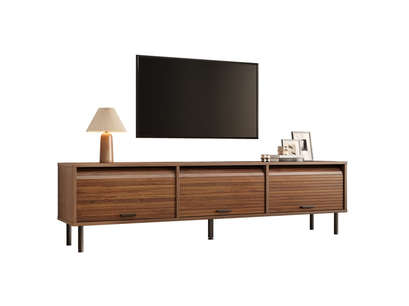 Meuble tv 3 portes coulissantes, 4 niches et 5 pieds métalliques noirs pour salon en mdf noyer 180 × 40 × 55 cm - Conforama A