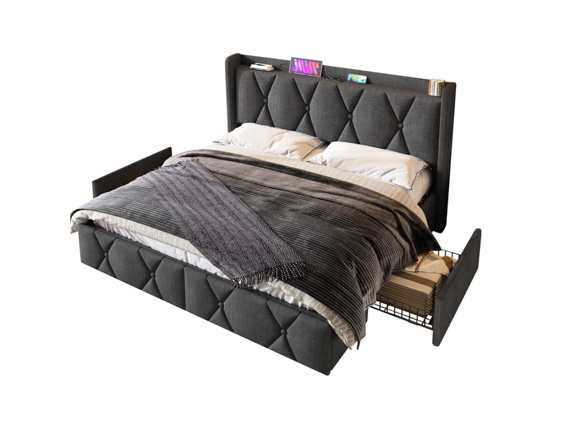 Lit double 140x200 cm - lit double capitonné avec matelas inclus, 4 tiroirs et ports usb, tissu gris  - Conforama A
