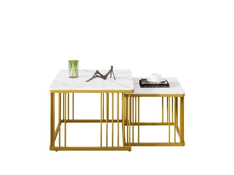  Lot de 2 tables basses gigognes carrées effet marbre brillant - pieds dorés 60x60cm  - Conforama A