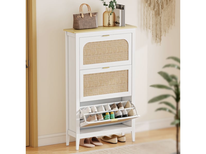 Meuble à chaussures 21 paires bohème avec 3 tiroirs rabattables, portes effet cannage rotin, blanc, 80 x 24 x 131 cm  - Conforama D