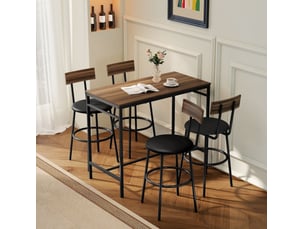Ensemble de table et 4 chaises de bar industrielles 5 pièces, design industriel, cuisine et salle à manger, bois, acier, marron