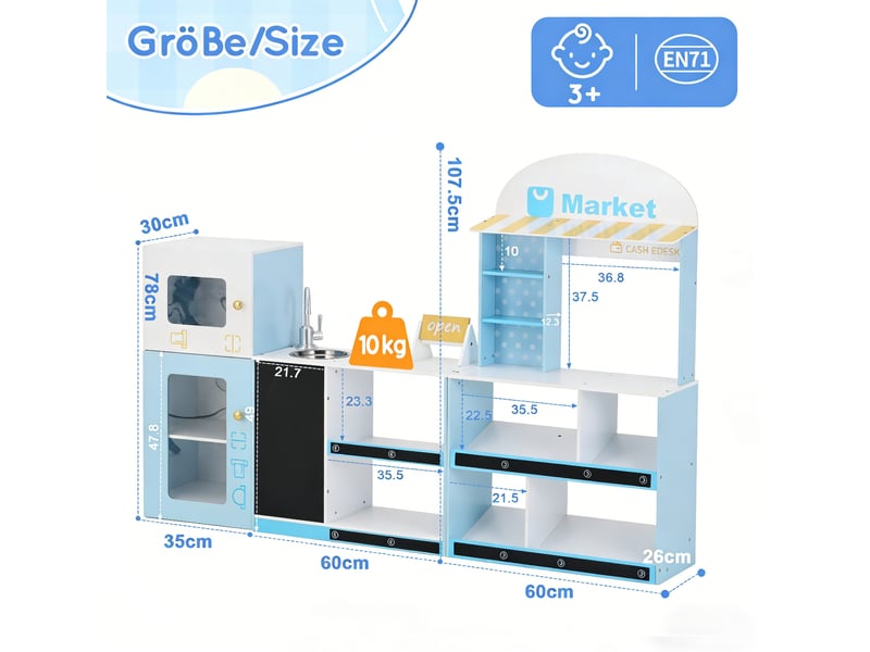  Marchande enfant bleue avec étagères, réfrigérateur, tableau noir et robinet, dès 3 ans, pour jouer au magasin  - Conforama C