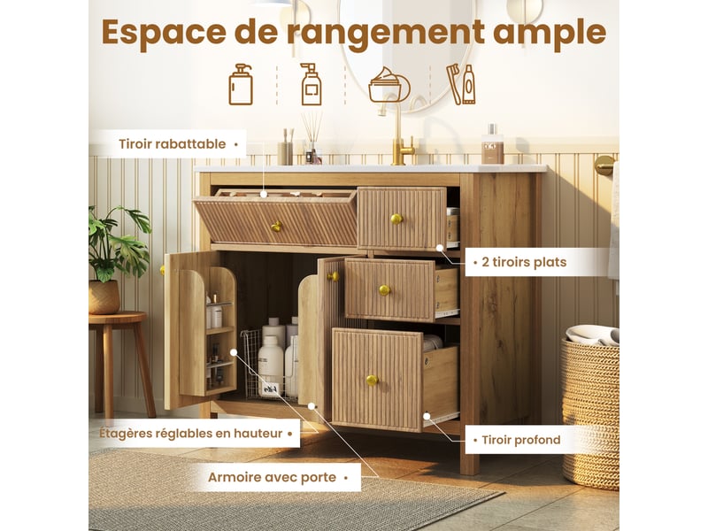  Meublede salle de bain 91 cm avec vasque céramique,91 x 48 x 88 cm,bois naturel mdf et bois massif,texture ondulée,fermeture amortie  - Conforama D