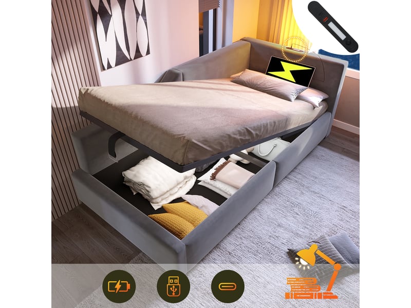  Lit coffre enfant 90x200 cm, canapé-lit avec lampe de lecture et usb type-c, sommier inclus, velours, gris, sans matelas  - Conforama B