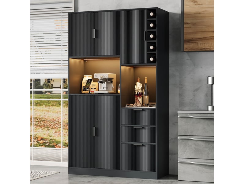 Buffet de cuisine avec led, 3 tiroirs, casier à vin et prises, noir, 105 x 40 x 180 cm - Conforama B