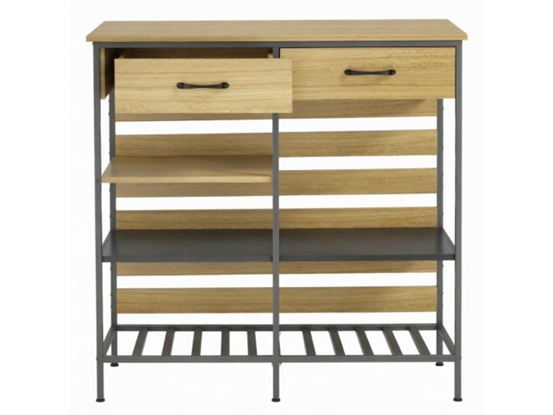  Buffet de cuisine industriel, meuble de rangement 2 tiroirs et étagères, cadre en acier robuste, 90x40x91 cm, bois naturel et noir  - Conforama A