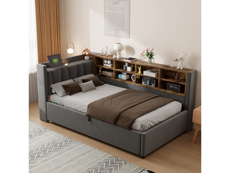 Canapé-lit avec rangement 90 x 200 cm – avec éclairage – avec ports de charge usb et type-c – avec compartiments de rangement – gris foncé (matelas non inclus) - Conforama R
