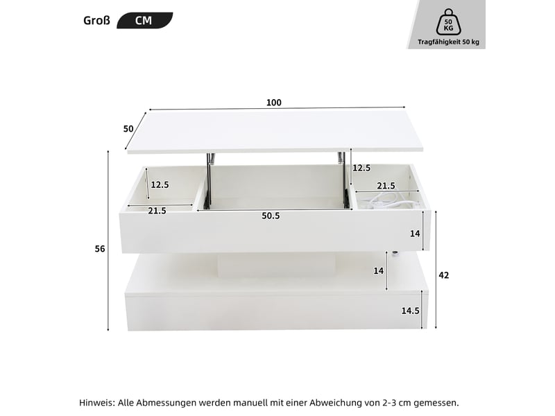  Table basse relevable rectangulaire en panneaux de particules avec lumière led,rangement caché et prises européennes intégrées,blanc table basse blanc - Conforama C