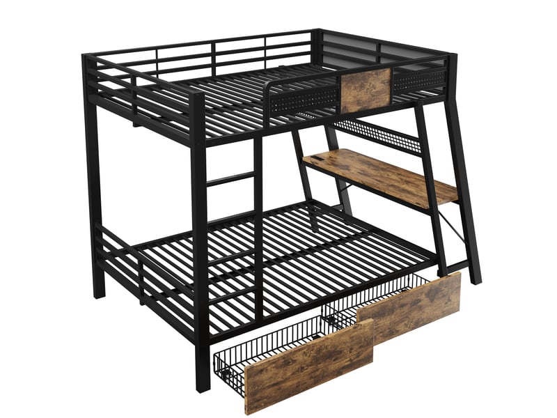  Lit superposé gaming 140 x 200 cm avec grand bureau, led multicolore, prises usbusb-c et 2 paniers de rangement en métal noir sans matelas  - Conforama W