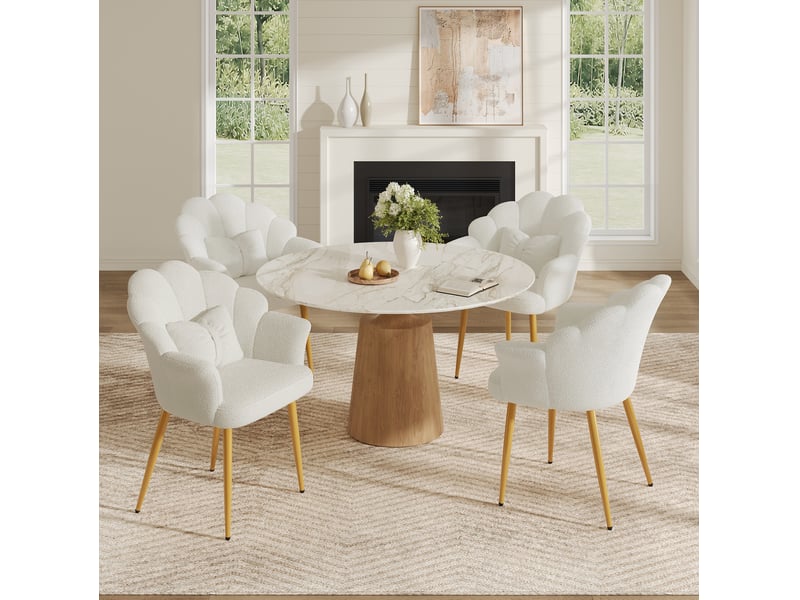 Lot de 4 fauteuils de salle à manger 64x65,5x85 cm en tissu blanc, pieds dorés - Conforama W