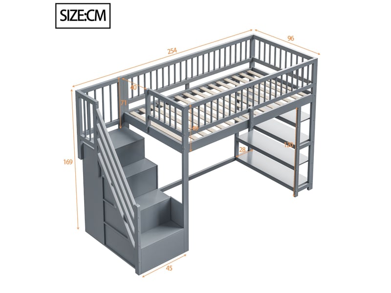  Lit mezzanine enfant 90 x 200 cm avec armoire, étagères et rangement gris  - Conforama C