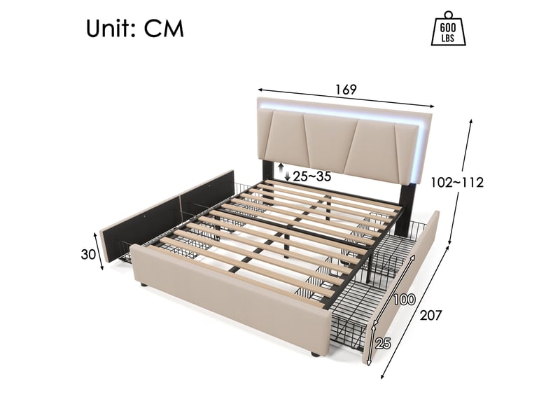  Lit capitonné, lit double 160x200 cm, 4 tiroirs, rangement intégré, led, tête de lit réglable, bois beige, matelas inclus  - Conforama C