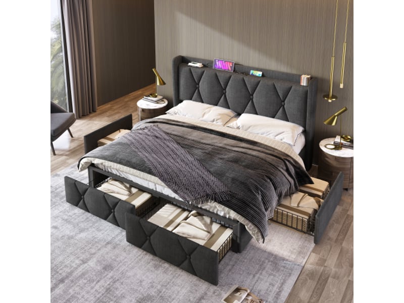  Lit double 140x200 cm gris usb — tête de lit, 4 tiroirs, matelas inclus  - Conforama D