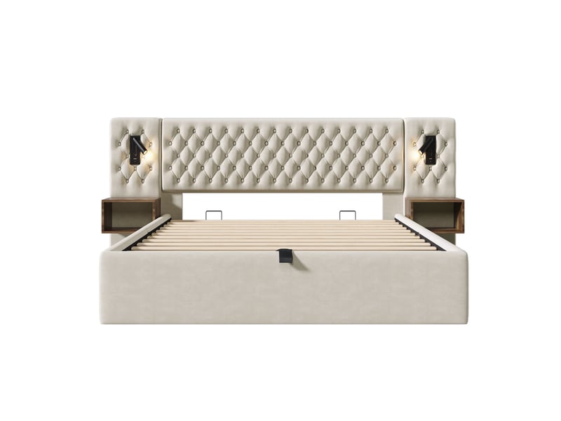  Lit coffre double 160x200 cm avec cadre renforcé, rangement sous couchage hydraulique et tête de lit fonctionnelle  - Conforama A