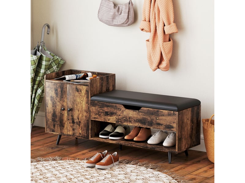  Banc à chaussures industriel avec assise rembourrée, compartiment caché, étagères et portes, 127 x 35 x 59 cm, marron rustique  - Conforama D