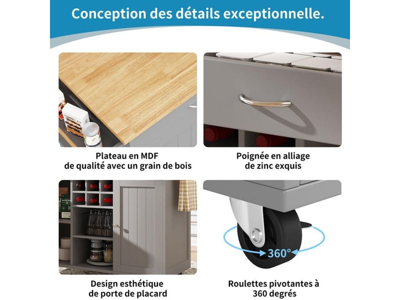  Îlot de cuisine - moderne - gris - mdf &amp; métal - rangement flexible - roulettes 360°  - Conforama C