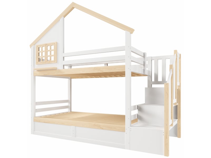  Lit superposé enfant 90x200 cm avec rangement hydraulique et décor maison blanc et naturel  - Conforama A