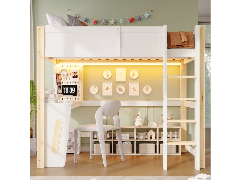 Lit mezzanine 140x200 cm avec bureau et led blanc et naturel - Conforama D