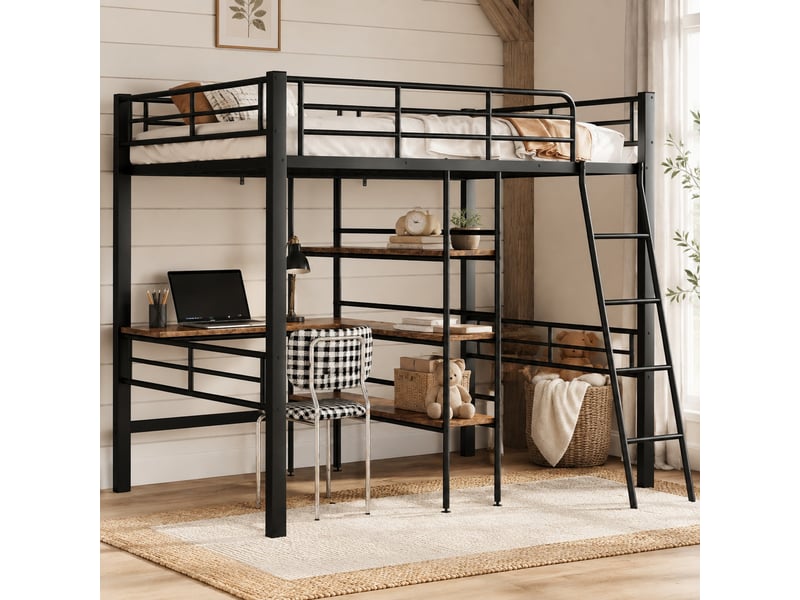  Lit mezzanine enfant noir 90 x 200 cm avec bureau, étagères, échelle et garde-corps  - Conforama D