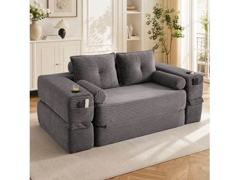  Canapé convertible 2 places modenvie en velours côtelé gris foncé, 180 x 98 x 80 cm, avec poches et porte-gobelet  - Conforama B