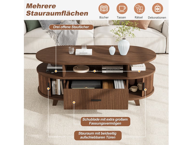 Table basse ovale avec 1 tiroir, 2 portes à rideau et 3 niches ouvertes pour salon, en mdf, finition noyer - Conforama E