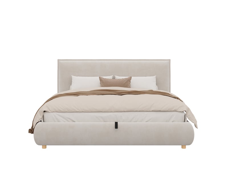  Lit coffre 180x200 cm avec sommier hydraulique, tête de lit rembourrée et pieds bois massif, velours crème BUYDEEMEUS - Conforama E