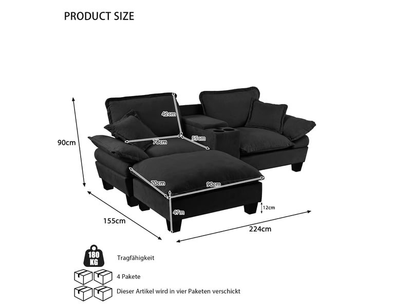  Canapé d'angle, canapé modulable, en chenille, noir, porte-gobelets, avec pouf, usb, adapté à l'espace de vie, style cloud  - Conforama R