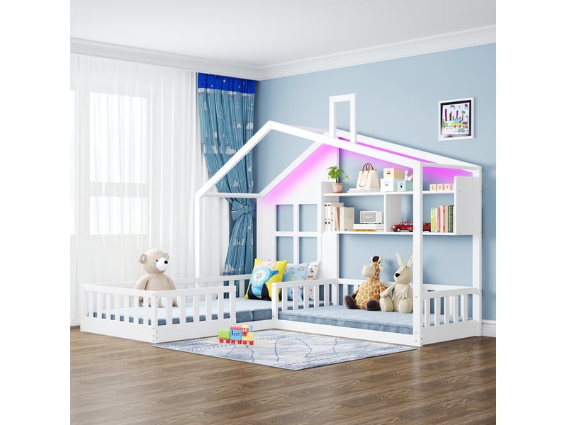  Lit enfant cabane 90 x 200 cm avec couchage 140 x 70 cm, rangements et led, blanc  - Conforama B