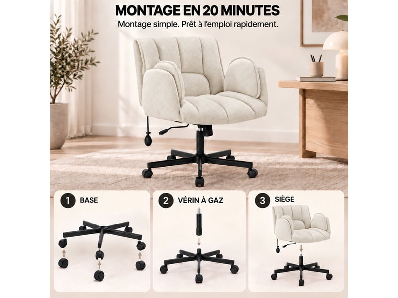  Fauteuil ergonomique tissu accoudoirs rabattables, coussin lombaire gonflable, assise large, pivot 360° 150kg-beige  - Conforama E