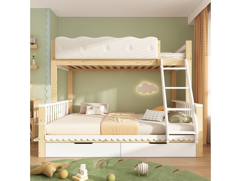 Lit superposé 90x200 et 140x200 avec barrière nuage, lit familial en bois pour enfants et adultes, tiroirs et porte-revues, blanc et chêne - Conforama B