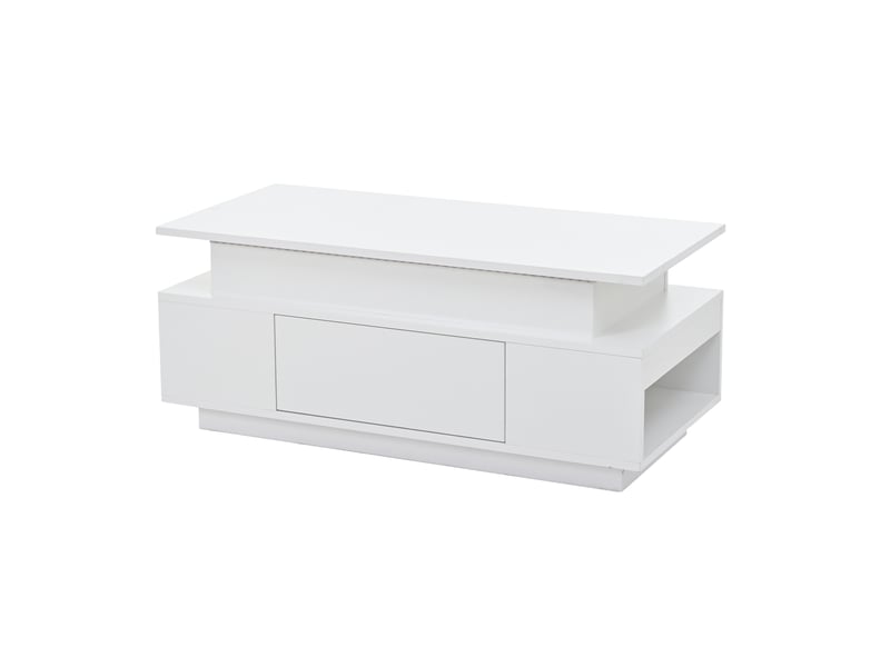 Table basse réglable en hauteur avec rangement dissimulé et tiroir, 96 x 45 x 40 cm, finition laquée brillante, table d'appoint avec éclairage led, idéale pour le bureau, le séjour ou les réceptions, blanche. - Conforama E