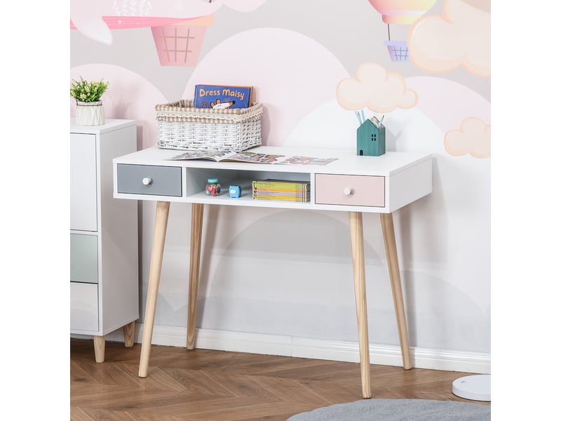  Bureau enfant style scandinave avec tiroir et compartiment de rangement 100l x 48l x 76,5h cm mdf et pin blanc gris et rose  - Conforama B