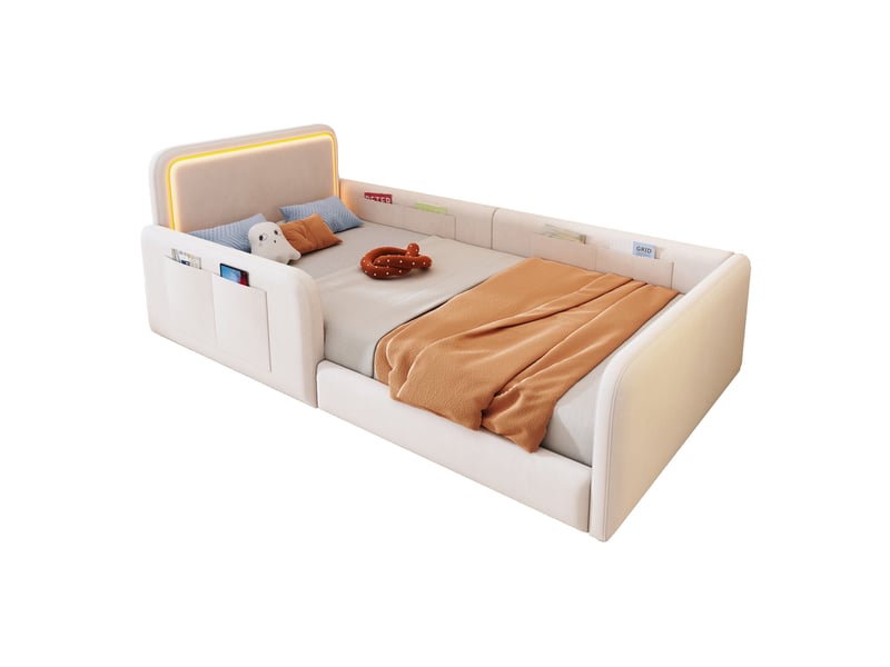 Lit rembourré 90x200 cm avec led et rangements coloris beige  - Conforama A
