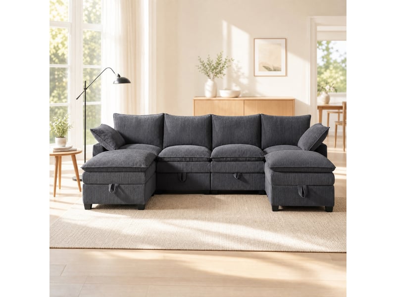  Canapé d'angle modulaire avec rangements, usb et porte-gobelets, en velours côtelé gris, 280 × 152 × 83 cm  - Conforama C