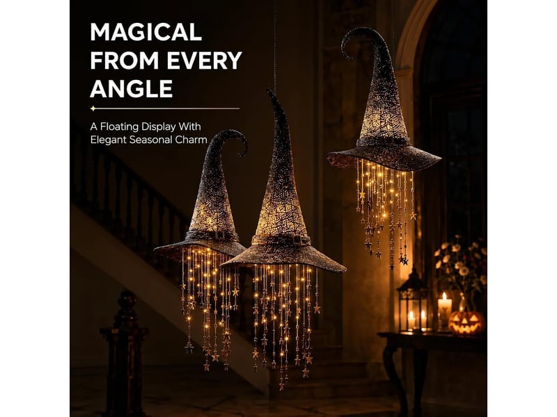  6 pièces décoration halloween suspendue, chapeau de sorcière lumineux led avec étoiles en cascade pour intérieur et extérieur  - Conforama D
