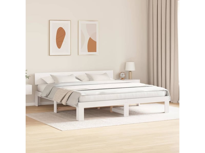  Lit double- lit adulte -  cadre de lit avec tête de lit blanc 200 x 200 cm pin massif  - Conforama B