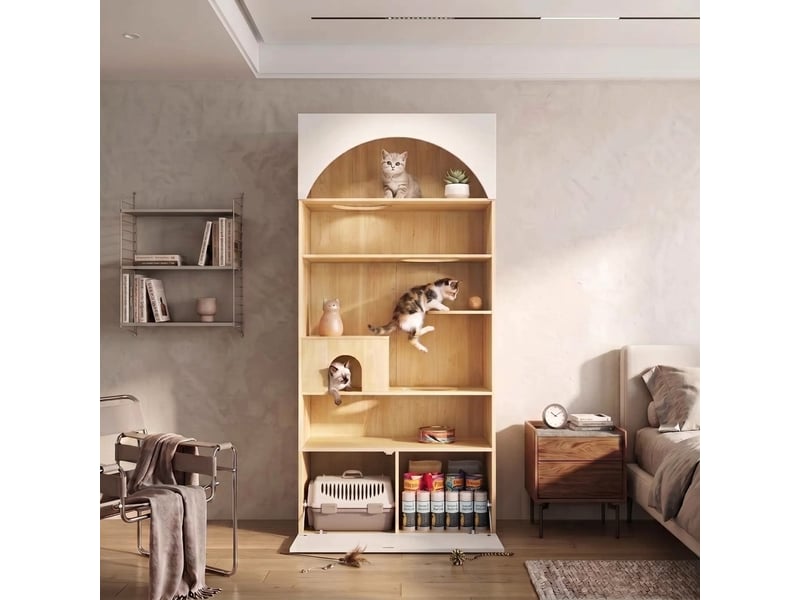  Armoire penderie avec espace chat 270x50x200 cm, meuble vestiaire multifonction blanc et bois  - Conforama E