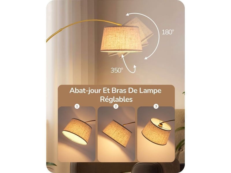  Lampadaire arc reglable or, abat-jour tissu beige, hauteur et tete ajustables, led e27 dimmable, commande a distance et pedal 370618_AACKG66304_6_DROPFR - Conforama B